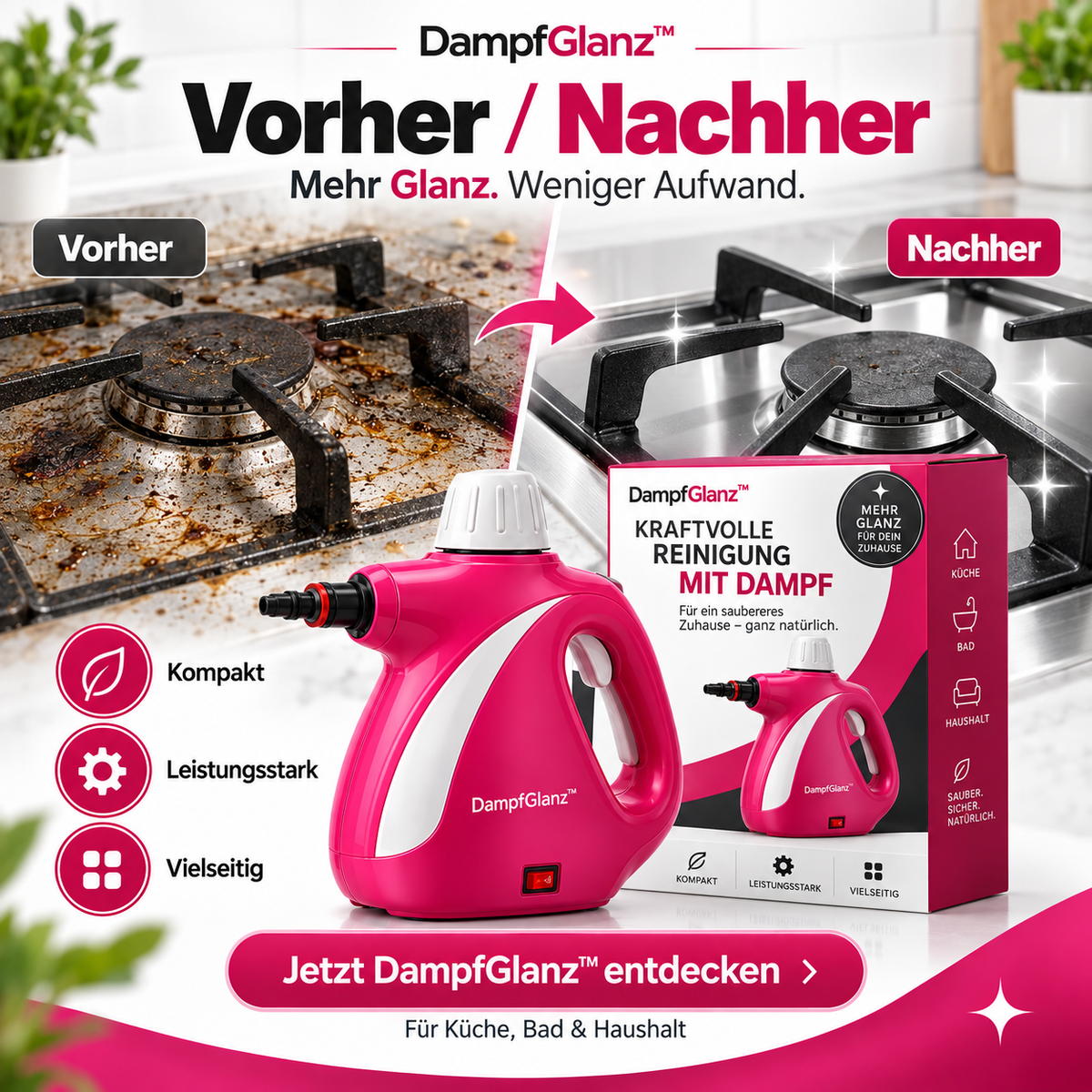 DampfGlanz™ – Kraftvoller Hand-Dampfreiniger
